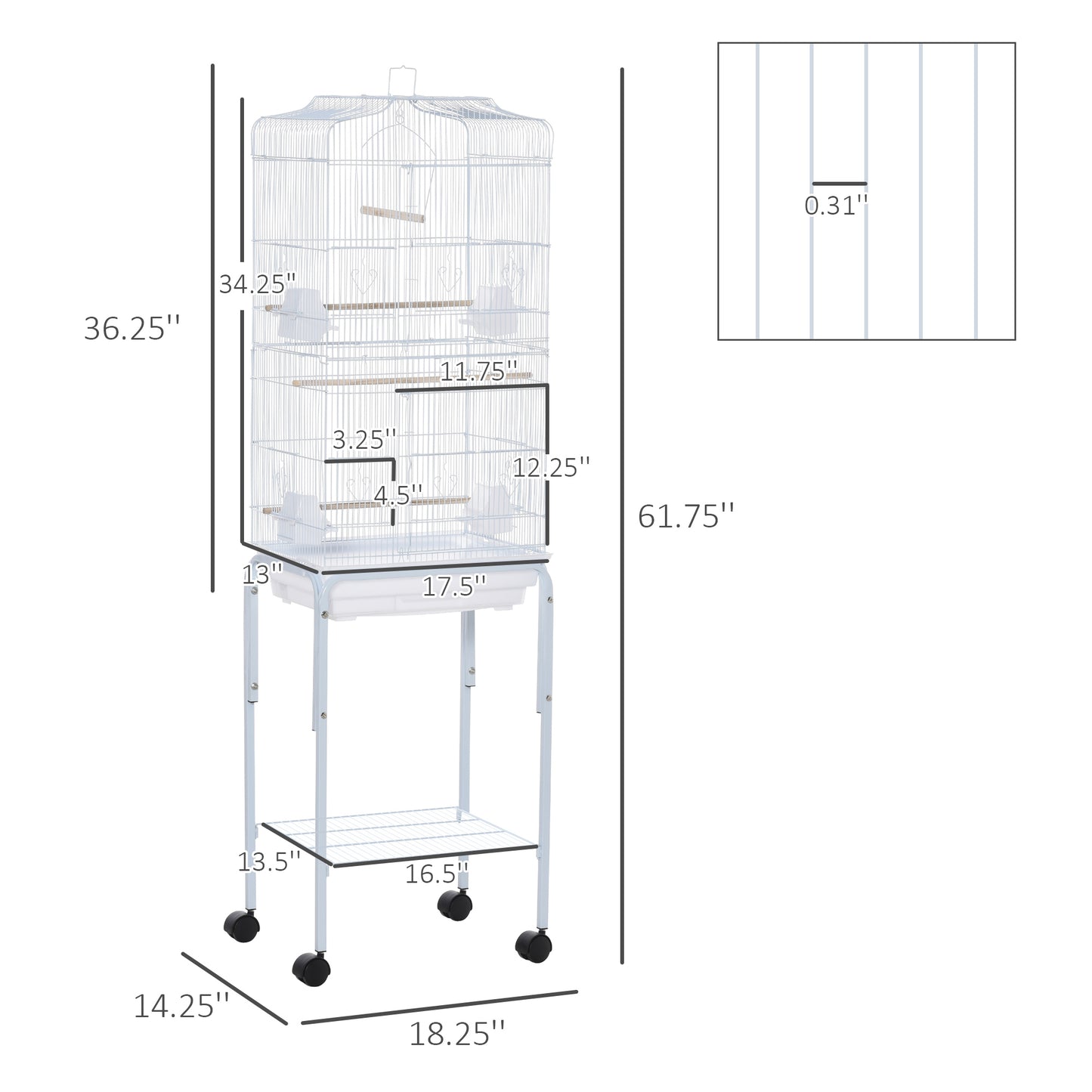 PawHut 60" Metal Indoor Bird Cage Starter Kit with Detachable Rolling Stand, Storage Basket, and Accessories, White