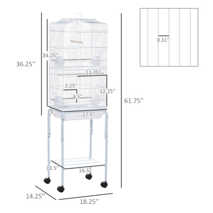 PawHut 60" Metal Indoor Bird Cage Starter Kit with Detachable Rolling Stand, Storage Basket, and Accessories, White