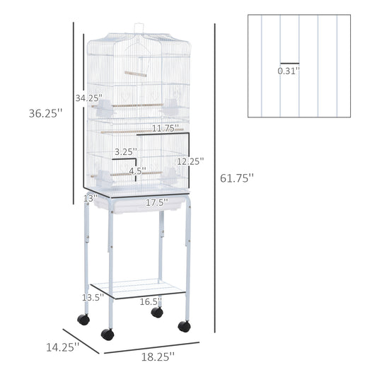 PawHut 60" Metal Indoor Bird Cage Starter Kit with Detachable Rolling Stand, Storage Basket, and Accessories, White