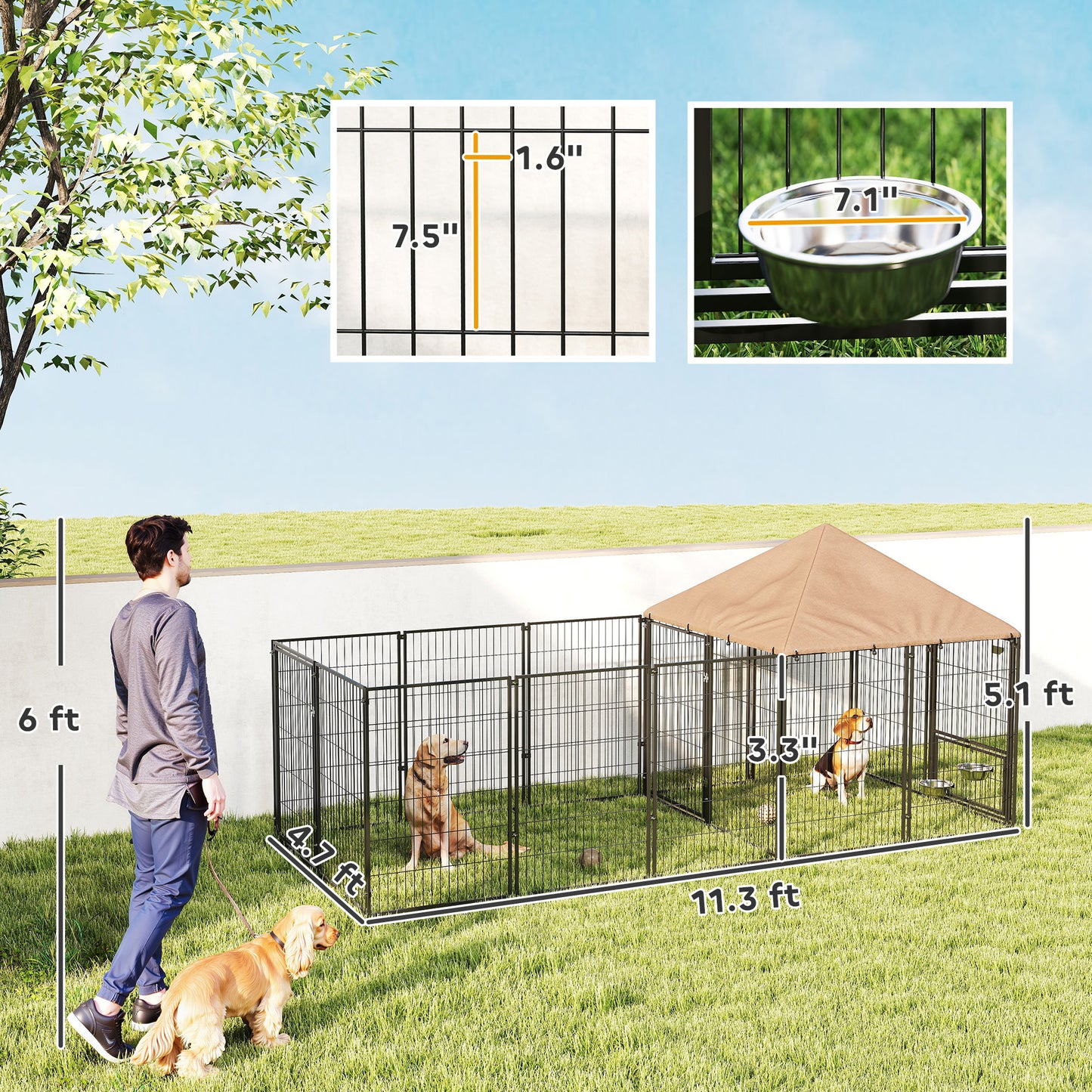 PawHut Large Outdoor Dog Kennel with Rotating & Adjustable Height Bowls, Waterproof & UV-Resistant Canopy, 11.3' x 4.7' x 5.1'