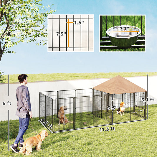 PawHut Large Outdoor Dog Kennel with Rotating & Adjustable Height Bowls, Waterproof & UV-Resistant Canopy, 11.3' x 4.7' x 5.1'