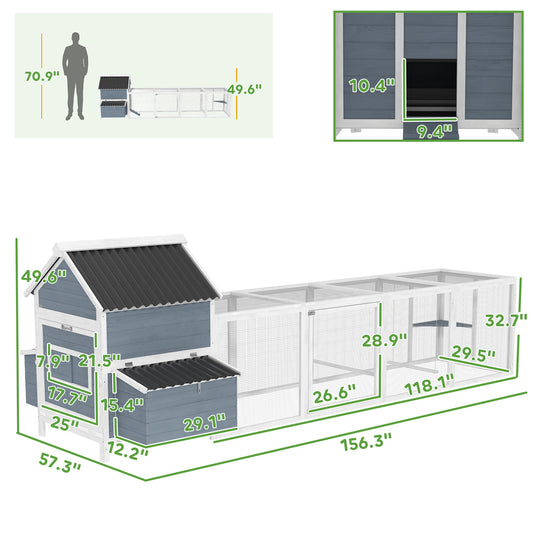 PawHut 156" Extra Large Wooden Chicken Coop with 2 Nesting Box, Run Cage, Waterproof Wave Roof, for 10-15 Chickens, Light Gray