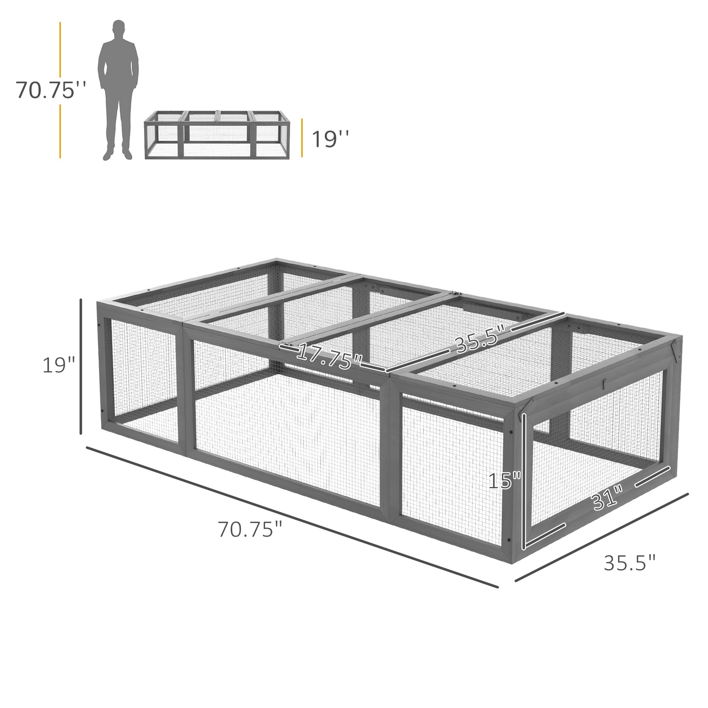 PawHut Large Wooden Rabbit Hutch Small Animal Habitat Enclosure Outdoor Run and Lockable Doors - Gray
