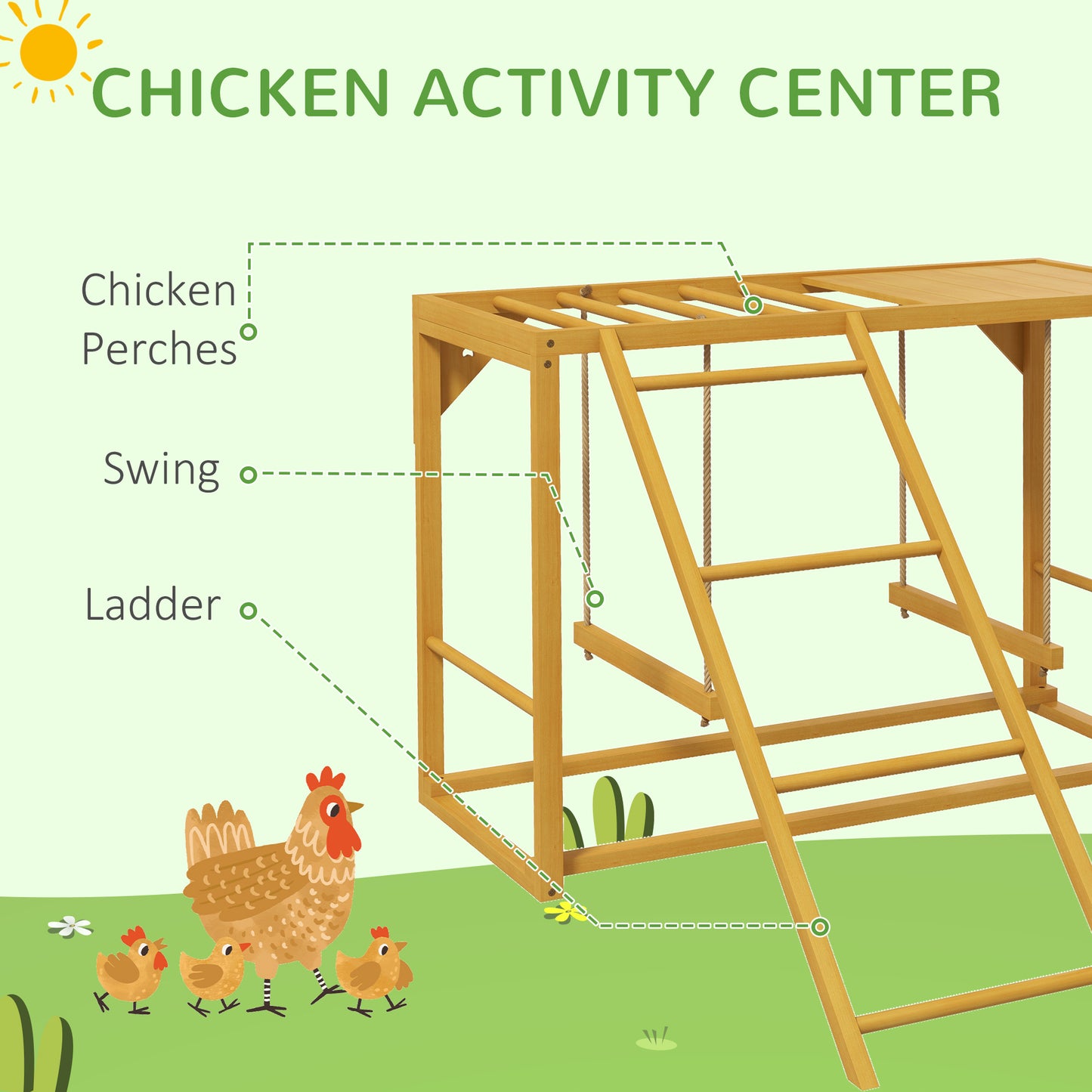 PawHut Wooden Chicken Activity Play w/ Swing Set, Chicken Coop Toy, Natural