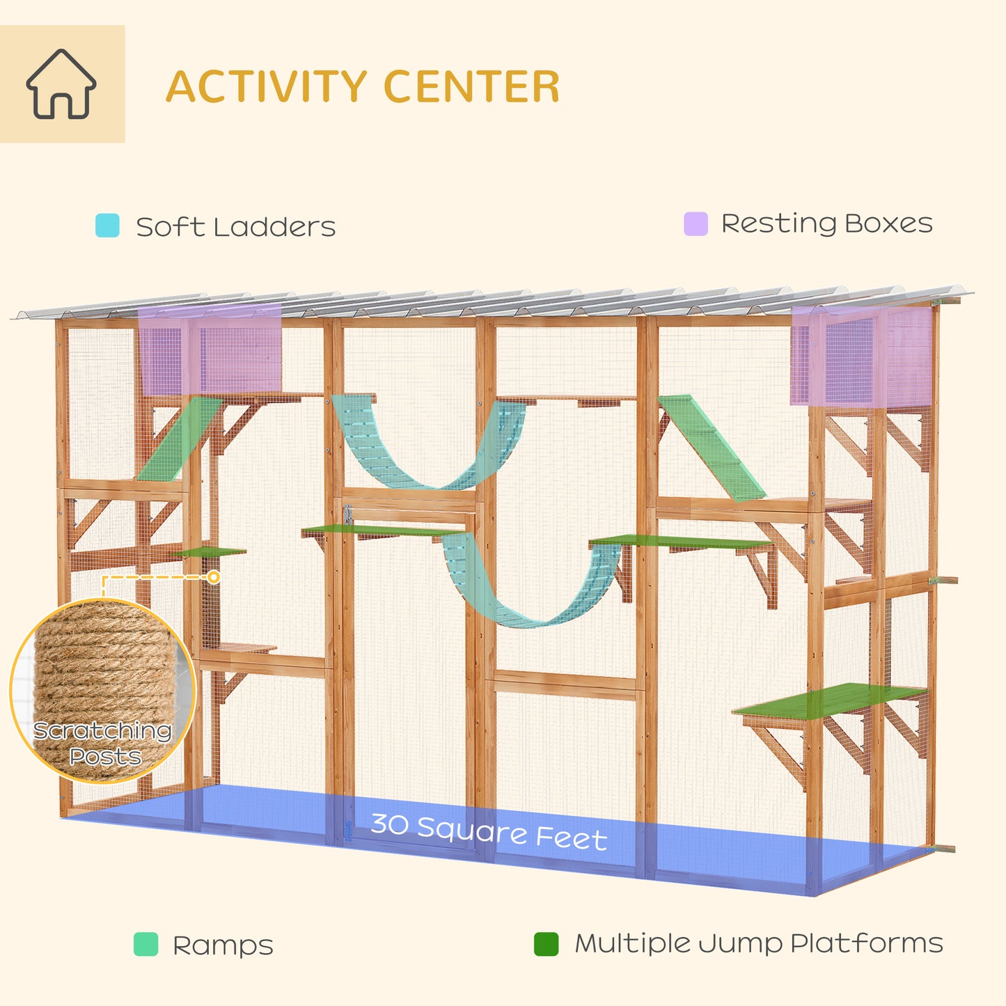 PawHut Catio Playground Cat Window Box Outside Enclosure for Multiple Cats w/ Shelves & Bridges, Orange