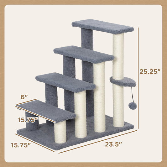 PawHut 4 Levels Cat Steps with Scratching Posts for High Bed, Sofa, Gray