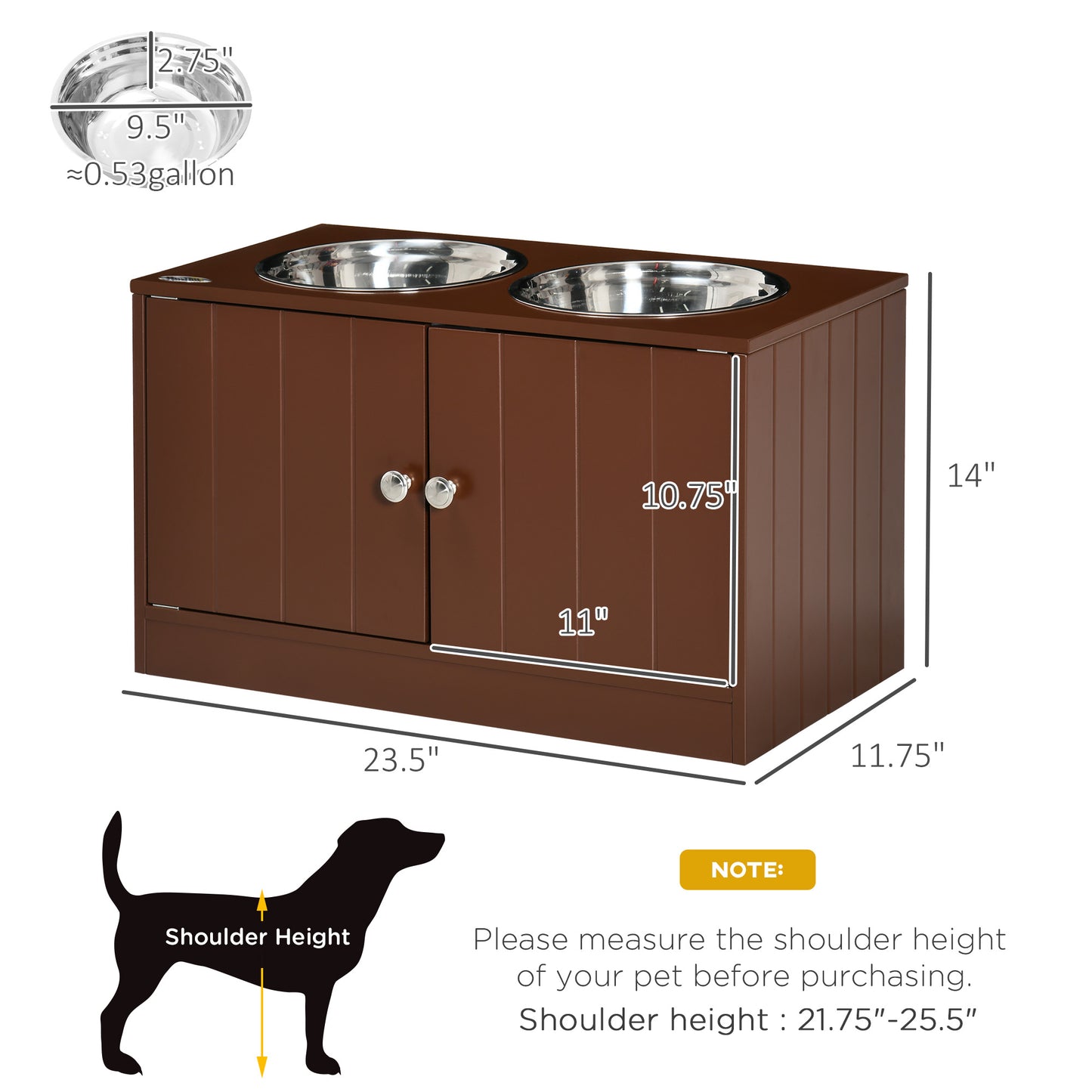 PawHut Elevated Dog Bowls with Storage Cabinet, Raised Dog Bowl Stand Pet Food Bowl Dog Feeding Station, Brown