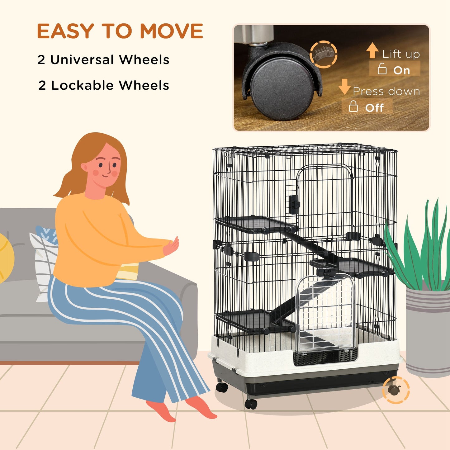 PawHut 32"L 4-Level Small Animal Cage Rabbit Hutch with Universal Lockable Wheels, Slide-out Tray for Bunny, Chinchillas, Ferret, Black
