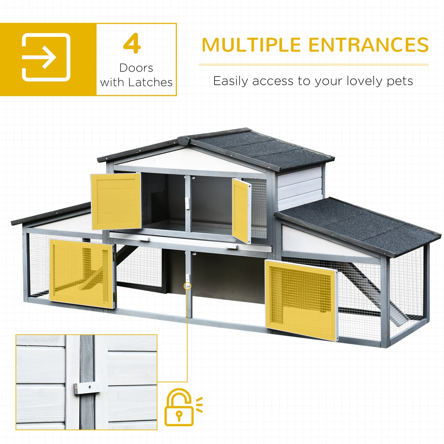 PawHut 89"L Outdoor Rabbit Hutch, Guinea Pig Cage Indoor Outdoor Wooden Bunny Hutch with Double Runs, Weatherproof Roof, Removable Tray, Ramps, Gray
