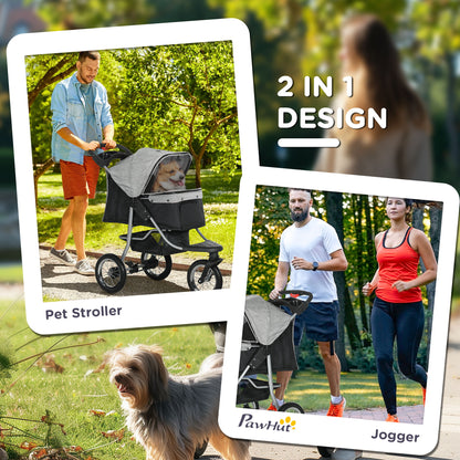 PawHut Luxury One-click Folding Pet Stroller Dog/Cat Travel Carriage with Wheels Adjustable Canopy Zippered Mesh Window Door Grey and Black