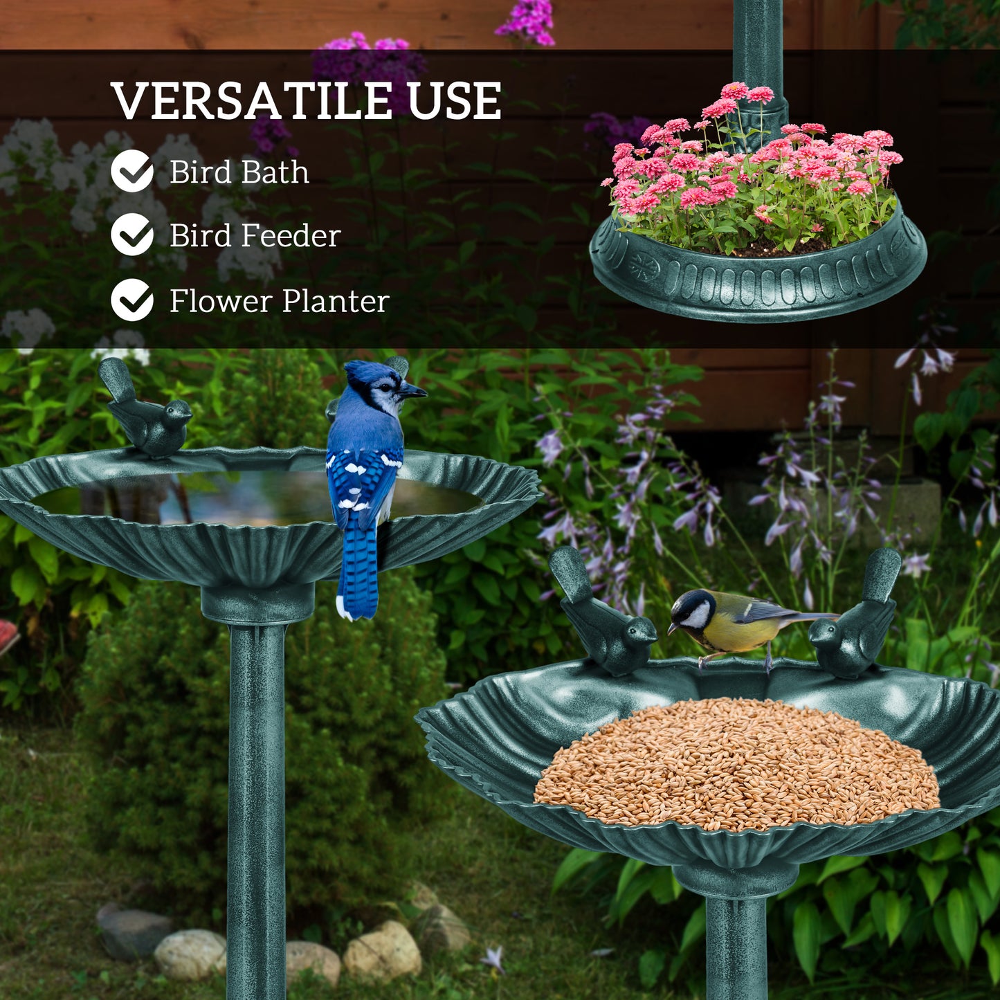 Outsunny 32" Antique Bird Bath Decorative Birdbath Bird Feeder Bowl with Planter Pedestal and Bird Statues, Verdigris
