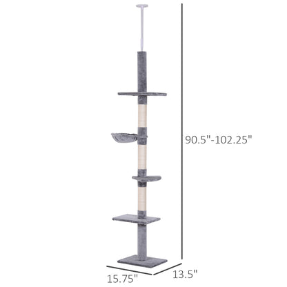 PawHut 8.5' Adjustable Height Floor-to-Ceiling Vertical Cat Tree, 5 Level Cat Climbing Tower, Gray