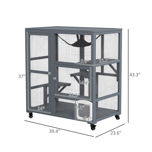 PawHut Cat House, Indoor Cat Enclosure on Wheels with Openable Top, 39"