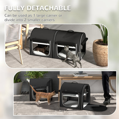 PawHut 39" Portable Soft 2 Sided Pet Cat Carrier with Divider, Two Compartment, Soft Cushions, & Storage Bag, Black
