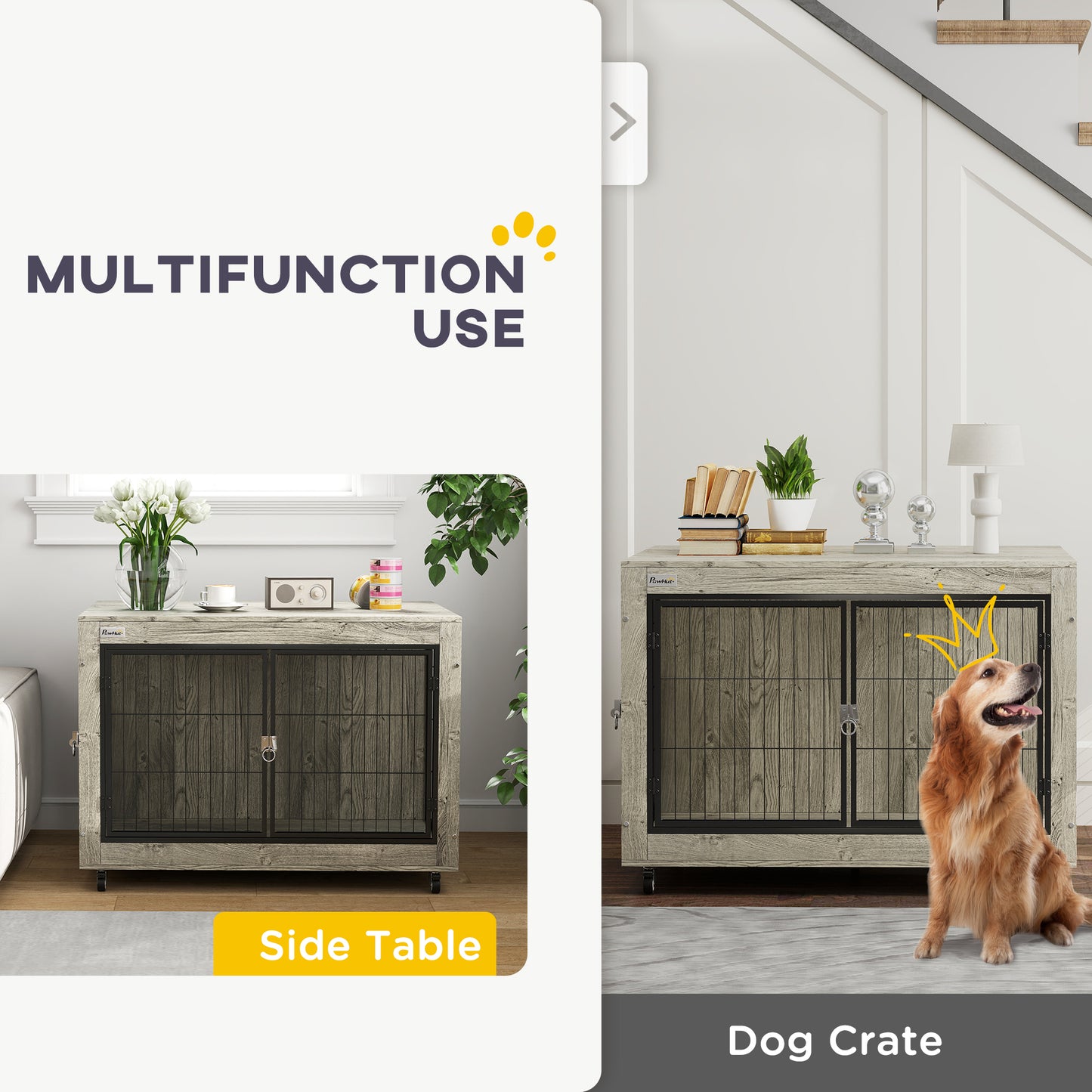 PawHut 39" Dog Crate Furniture End Side Table with Wheels, Interchangeable Side Door, for Large Dogs, Gray