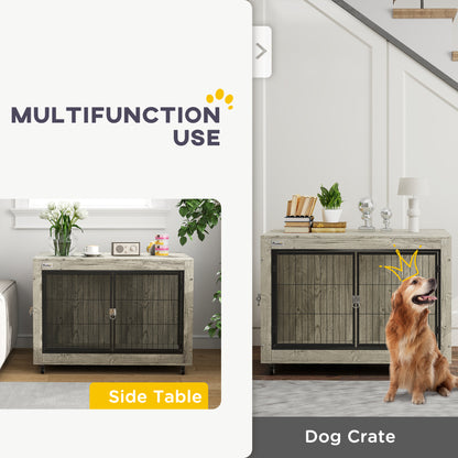 PawHut 39" Dog Crate Furniture End Side Table with Wheels, Interchangeable Side Door, for Large Dogs, Gray