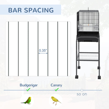 Pawhut 45-inch Metal Indoor Bird Cage, Parrot Cage, Bird Aviary with Detachable Rolling Stand, Storage Basket, and Accessories - Black