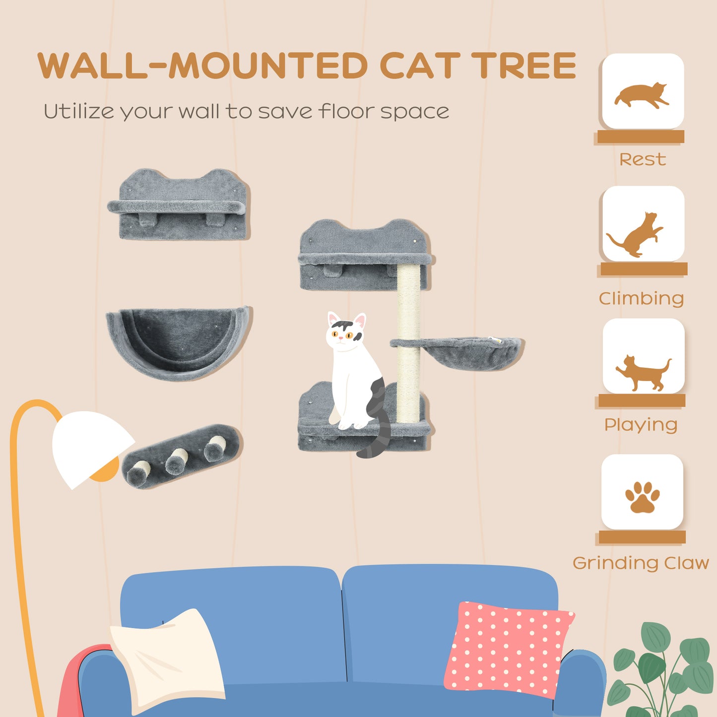 PawHut Cat Wall Shelves, with Hammock, Scratching Post, Steps, Platforms, Gray