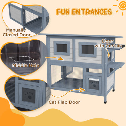 PawHut 2 Tier Outdoor Cat House Weatherproof with Escape Door, Asphalt Roof for Outside, Backyard, Light Gray