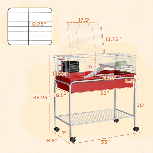 PawHut Two-Story Small Animal Cage Removable from Stand, Pet Habitat with Shelf & Wheels, 33" x 18.5" x 35", Red