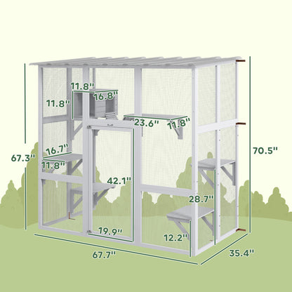 PawHut Catio Outdoor Cat Enclosure, Window Box Wooden Cat House with Bridge Platforms, White