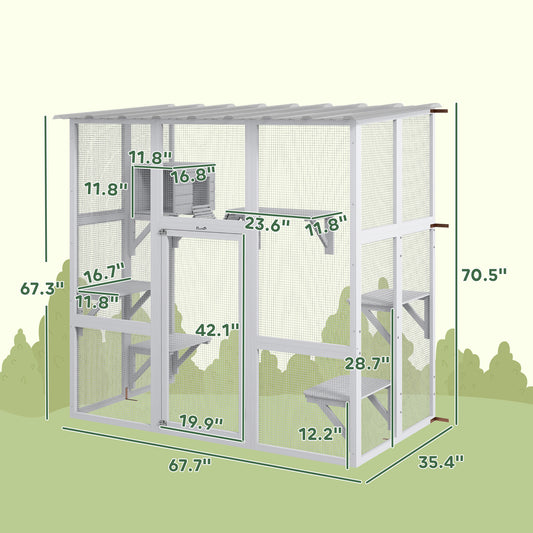 PawHut Catio Outdoor Cat Enclosure, Window Box Wooden Cat House with Bridge Platforms, White