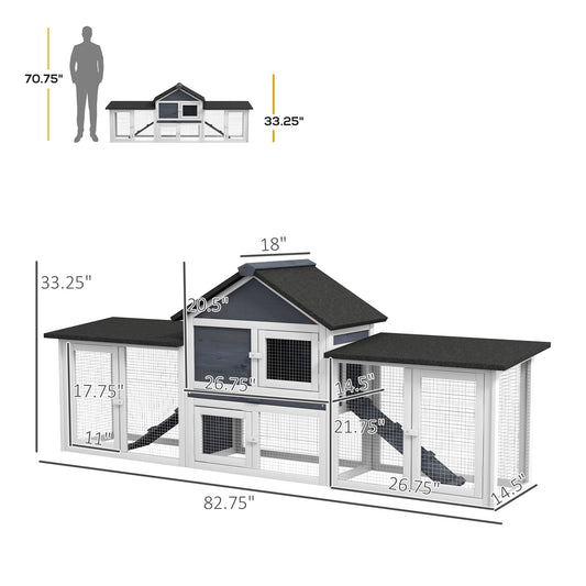 PawHut Outdoor Rabbit House 83" 2 Story Deluxe XL Wooden Rabbit Hutch, Big Bunny Cage w/ Ladder and Run, Dark Gray