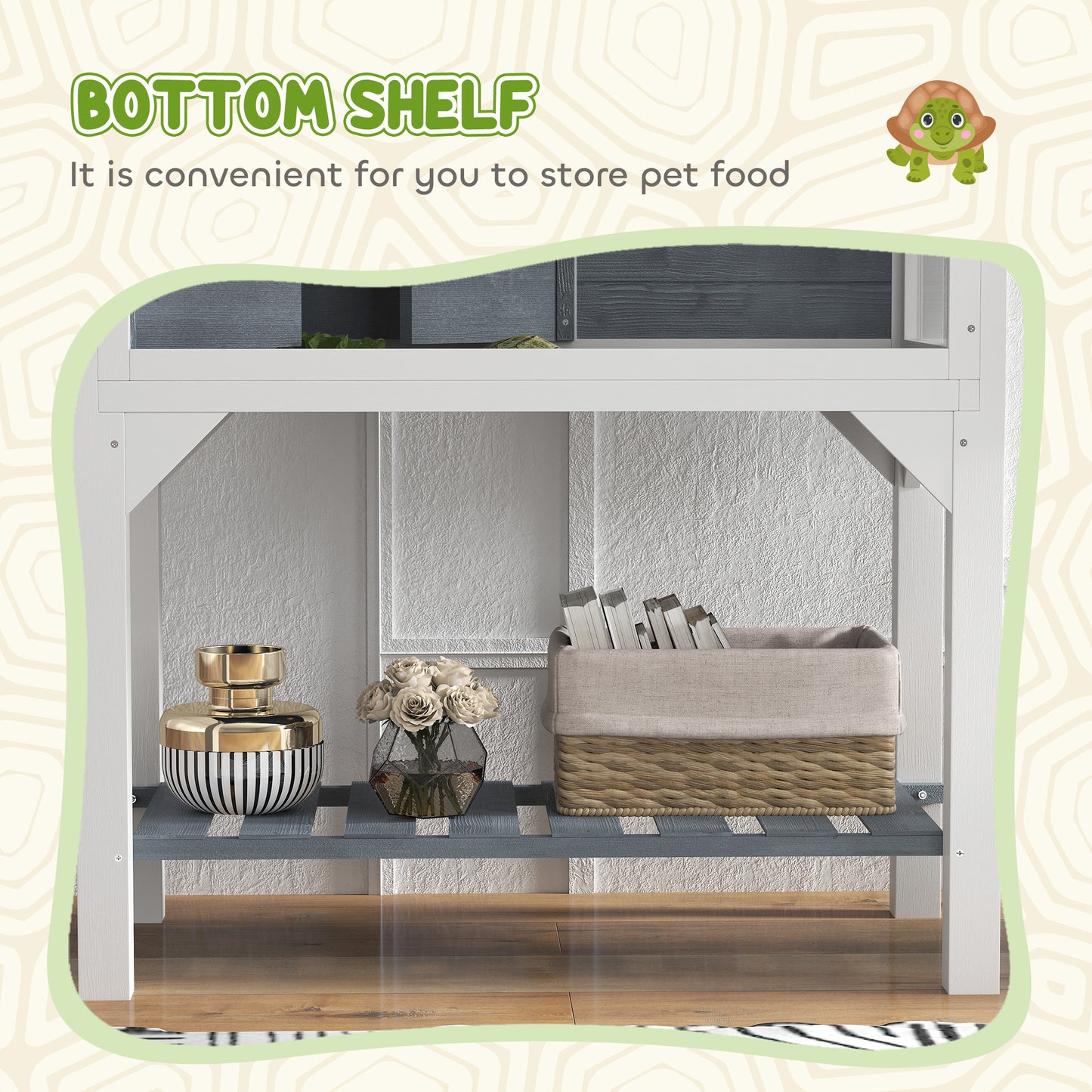 PawHut Wooden Tortoise Habitat with Storage Shelf, Tortoise Enclosure with Clear Windows, Openable Top, Lamp Holder, Gray