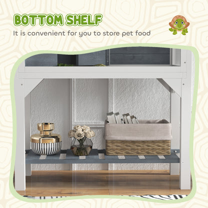 PawHut Wooden Tortoise Habitat with Storage Shelf, Tortoise Enclosure with Clear Windows, Openable Top, Lamp Holder, Gray