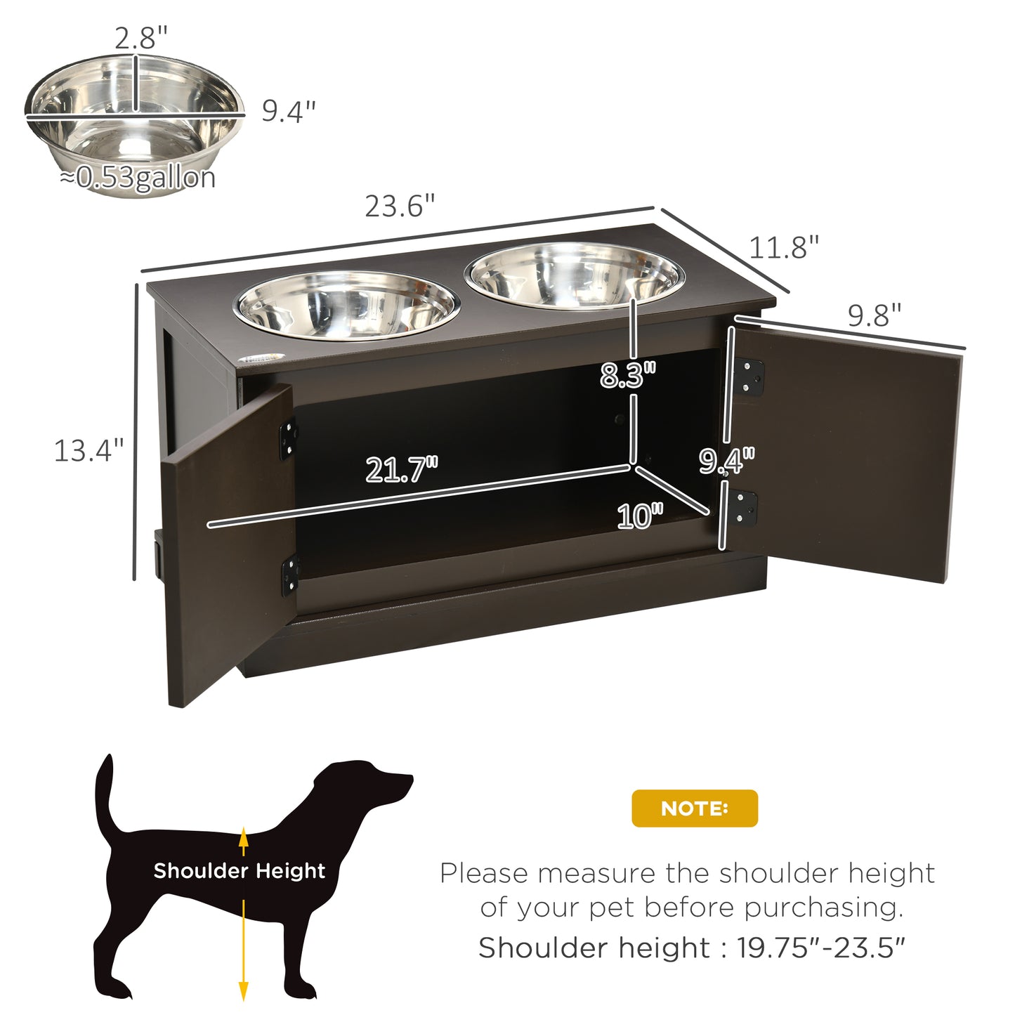 PawHut Elevated Dog Bowls with Storage, Two Stainless Steel Bowls for Large Dogs, Coffee