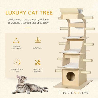 PawHut 63" Cat Tree Kitty Activity Center Wooden Cat Climbing Toy Pet Furniture with Multiple Perches Cat Condo Cushions Sisal Scratching Post, Beige
