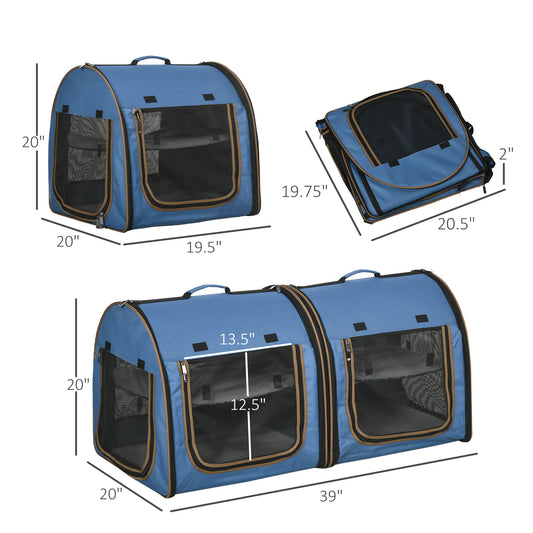 PawHut 39" Portable Soft-Sided Cat Carrier, Cat Kennel, Travel Dog Crate with Divider, Two Compartments, Soft Cushions & Storage Bag, Easy to Fold, Blue