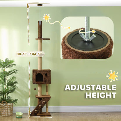 PawHut 89"-104" Floor to Ceiling Cat Tree with Cat Condo, Scratching Posts, 3-Steps, Perches, Hanging Ball & Anti-Tip Kit Brown