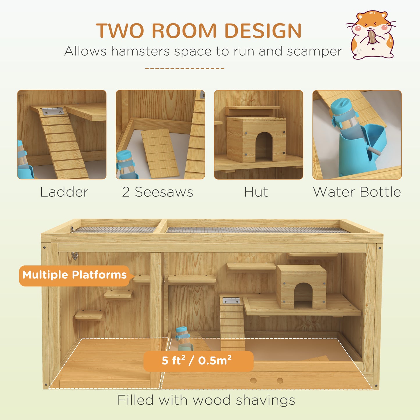 PawHut Extra Large Wooden Hamster Cage with Pull-out Tray, Seesaws, Ladder