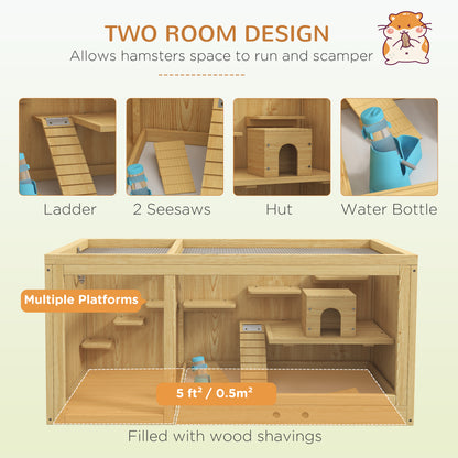 PawHut Extra Large Wooden Hamster Cage with Pull-out Tray, Seesaws, Ladder