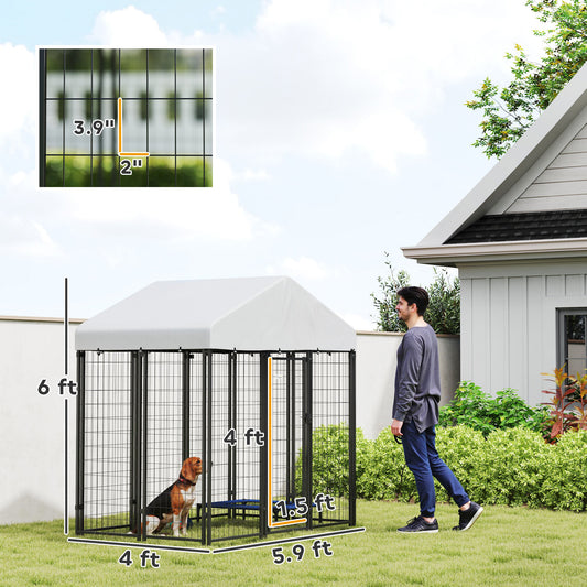 PawHut Outdoor Dog Kennel with Roof with Escape-proof Lock, UV-Resistant & Waterproof Cover, 5.9' x 4' x 6', Silver