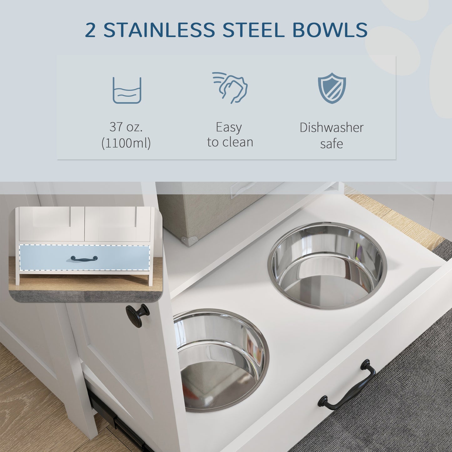 PawHut Pet Feeding Station, Dog Food Storage Cabinet w/ Raised Dog Bowls, Adjustable Panel, Hooks for Medium Dogs, White