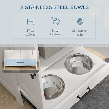 PawHut Pet Feeding Station, Dog Food Storage Cabinet w/ Raised Dog Bowls, Adjustable Panel, Hooks for Medium Dogs, White