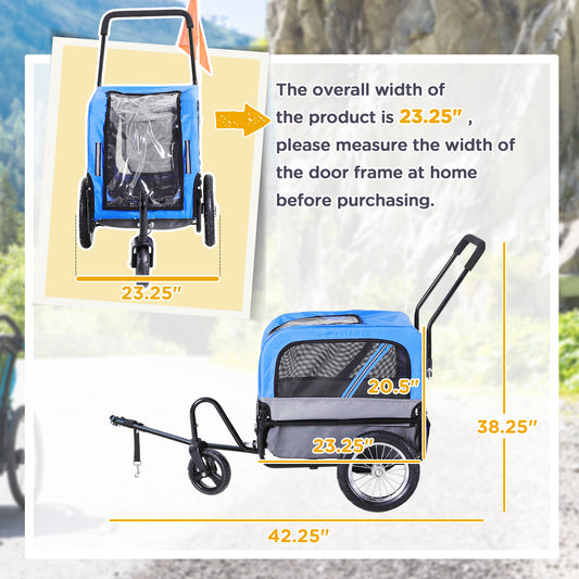 2-in-1 Small Dog Bike Trailer and Bike Stroller with Hitch, Bicycle Trailer Sidecar Bike Wagon Cart Carrier Attachment for Travel, Blue