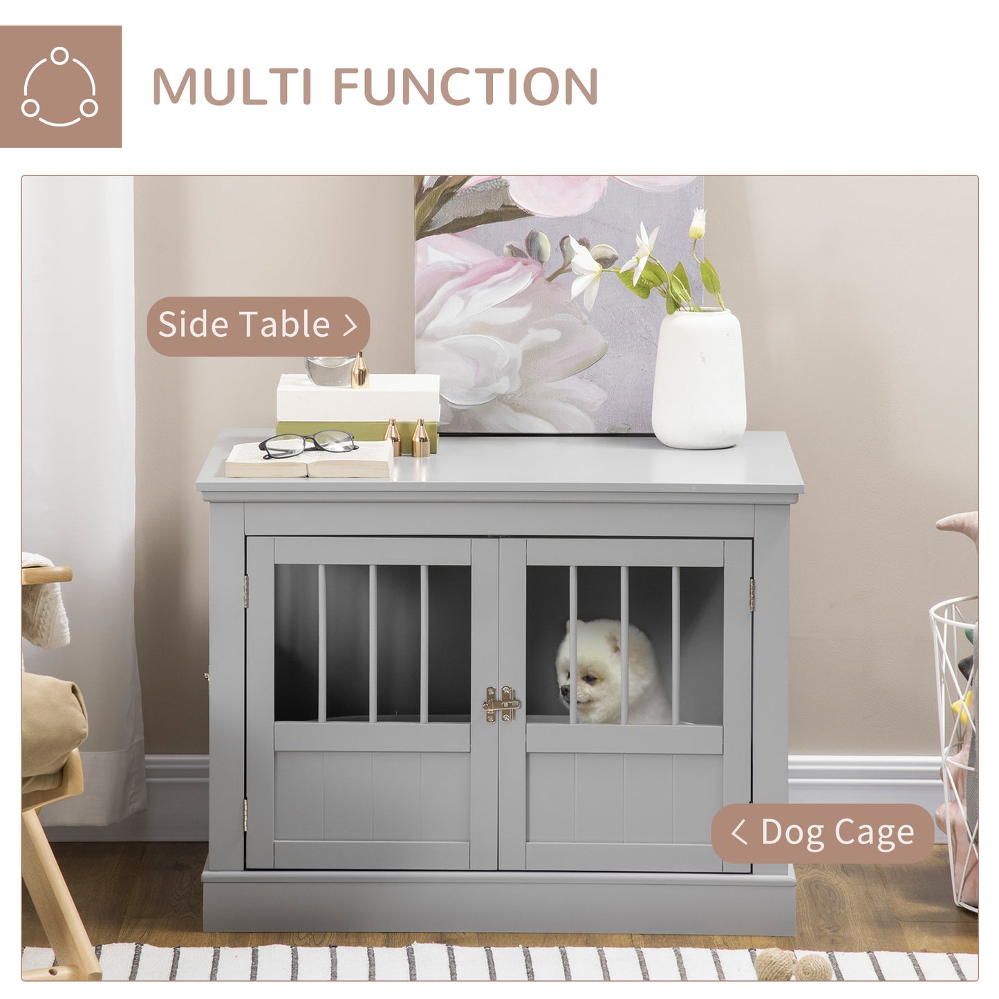 PawHut Wooden Dog Crate End Table, Dog Crate Furniture with Triple Doors, Puppy Crate for Small Dogs Indoor Use, Dark Gray