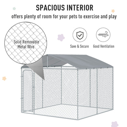 PawHut Outdoor Dog Kennel Galvanized Steel Fence with Cover Secure Lock Mesh Sidewalls for Backyard 9.8' x 9.8' x 7.7'