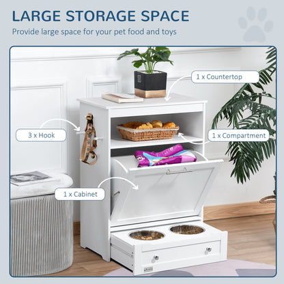 PawHut Pet Feeder Station Storage Cabinet, Dog Food Storage Container with Dog Raised Bowls, Watering Supplies, White
