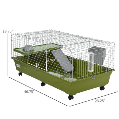 PawHut 47" Small Animal Cage Chinchilla Guinea Pig Hutch Pet House with Platform Ramp, Food Dish, Wheels, & Water Bottle