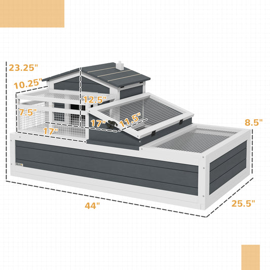PawHut 3-Room Tortoise Habitat House w/ Balcony & 2 Stories, 44" x 25.5" x 23", Gray
