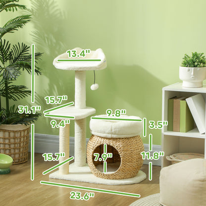 PawHut 31" Cat Tree Tower with Scratching Posts, Cat Condo, Beds, Platform and Toy Ball for Indoor Cats, Cream White