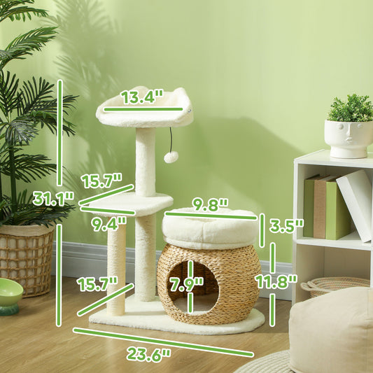 PawHut 31" Cat Tree Tower with Scratching Posts, Cat Condo, Beds, Platform and Toy Ball for Indoor Cats, Cream White