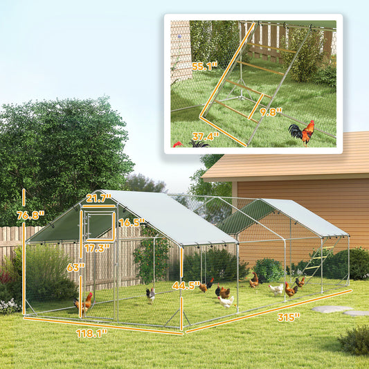 PawHut Metal Chicken Run w/ Waterproof & Anti-UV Cover, Feeding Door, Hanging Feeder, for 24-30 Chickens, 9.8' x 26.2' x 6.4'