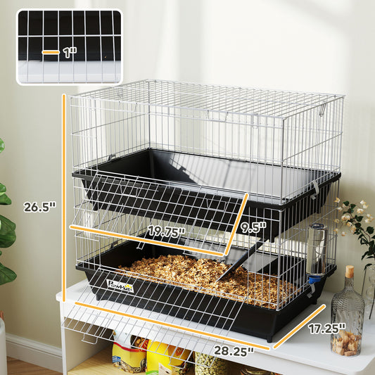 PawHut 2-Tier Small Animal Cage with 2 Doors, Trays, Dish, Bottle, and Ramp for Bunny, Ferret, Chinchilla, Black