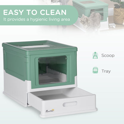 PawHut Fully Enclosed Cat Litter Box with Front Entry and Top Exit, Plastic, Green & White