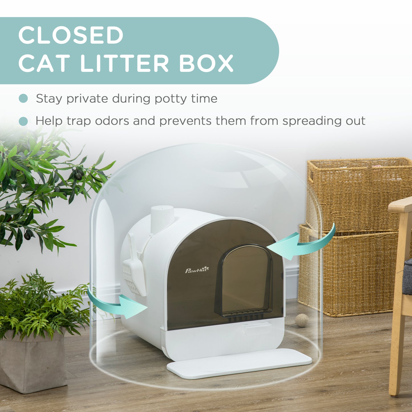 PawHut Cat Litter Box with Lid with Scoop and Filter, White